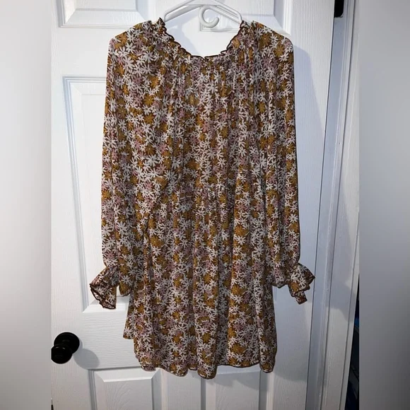 AAKAA MUSTARD FLORAL TASSEL FRONT TIE DRESS SIZE SMALL - Picture 3 of 7